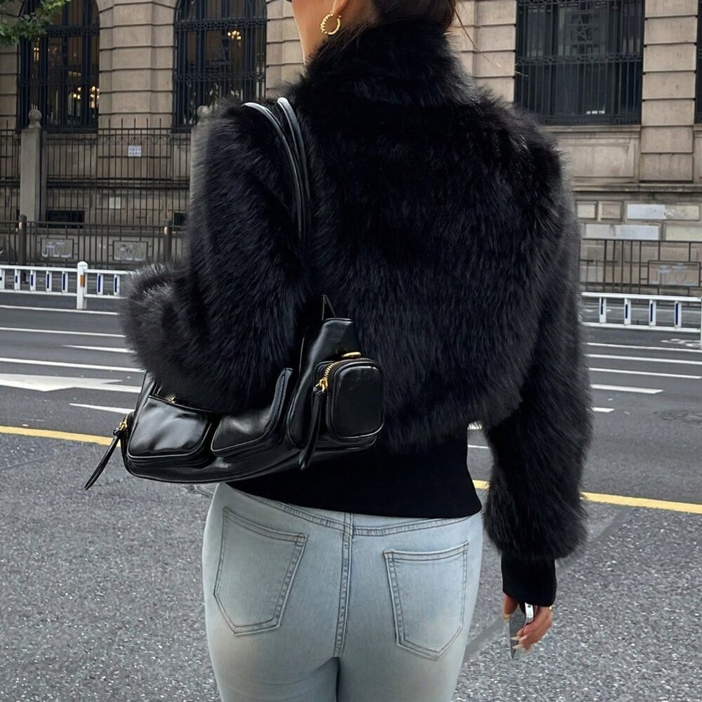 Black Casual Women's Minimalist Y2k Long Sleeve Faux Fur Jacket - Picture 2 of 8